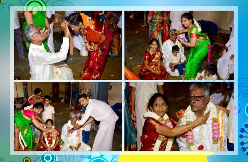 The wedding couple surrounded by loved ones